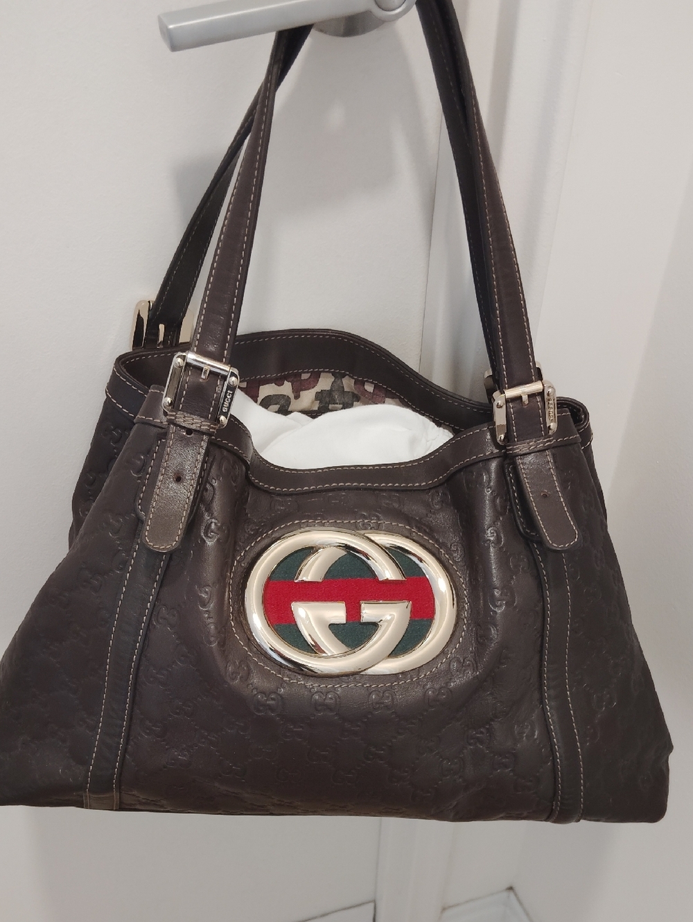 Pre-Loved Gucci Brown Leather Shoulder Bag with Green-Red Web and Gold Hardware